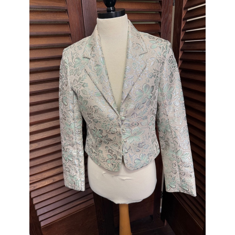 Old Navy Womens Floral Brocade Cropped Blazer Metallic Silver Mint Green Jacket
